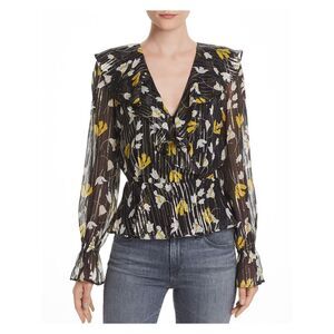 JOIE Womens Yellow Silk Sheer Floral Metallic Bell Sleeve V Neck Peplum Top S